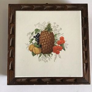 Vintage Pineapple Fruit Ceramic Tile & Carved Wood Trivet